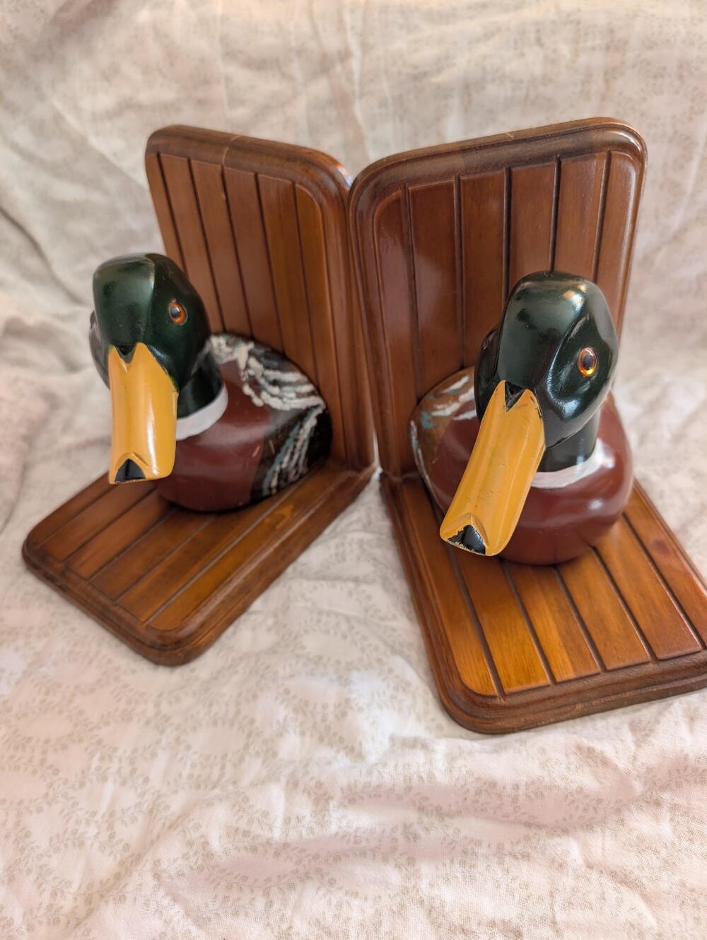 Decorative Mallard Duck Wood Bookends - Brown and Green